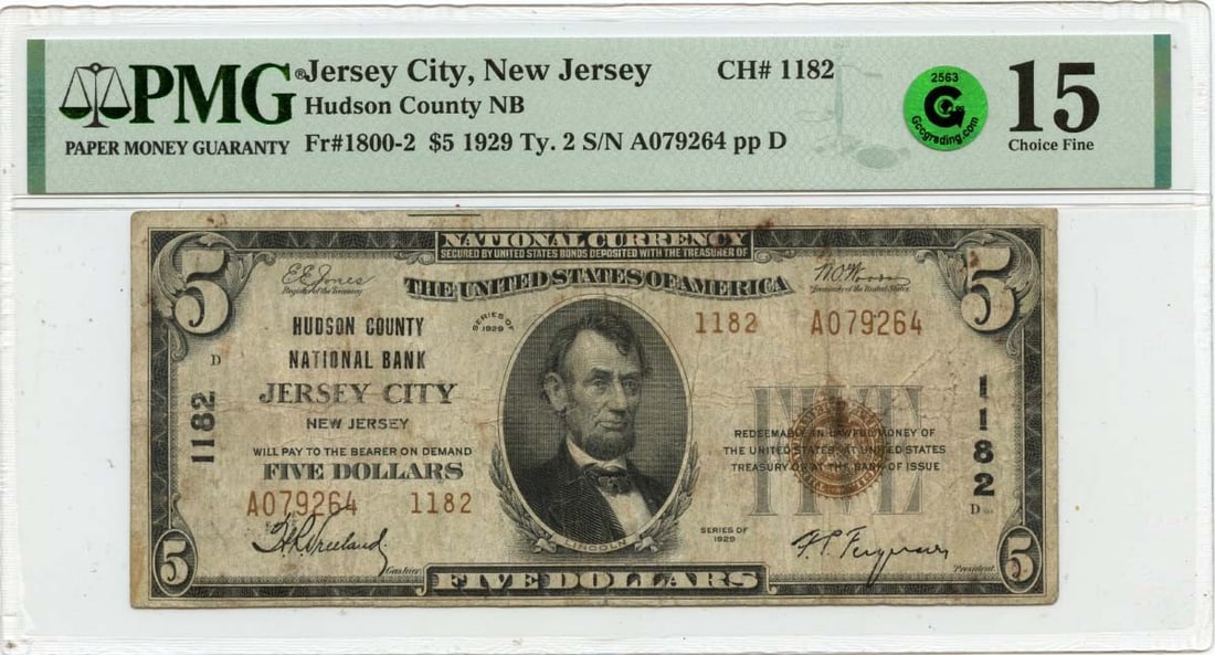 1929 Ty.2 $5 Hudson Co Jersey City CH#1182 PMG F15 Note: 1929 Ty.2 $5 Hudson Co Jersey City CH#1182 PMG F15 Note This 1929 $5 note from Hudson County, Jersey City, NJ, is a remarkable piece for collectors. Graded PMG CH VF15, it shows signs of circulation, 