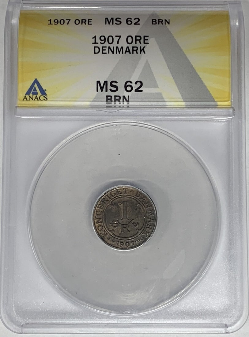 ANACS MS 62 Certified 1907 1 Ore Denmark Copper Coin Brown: ANACS MS 62 Certified 1907 1 Ore Denmark Copper Coin Brown This 1907 Denmark 1 Ore coin is certified by ANACS with a grade of MS 62 and features a brown (BN) coloration. Struck in copper, this uncircu