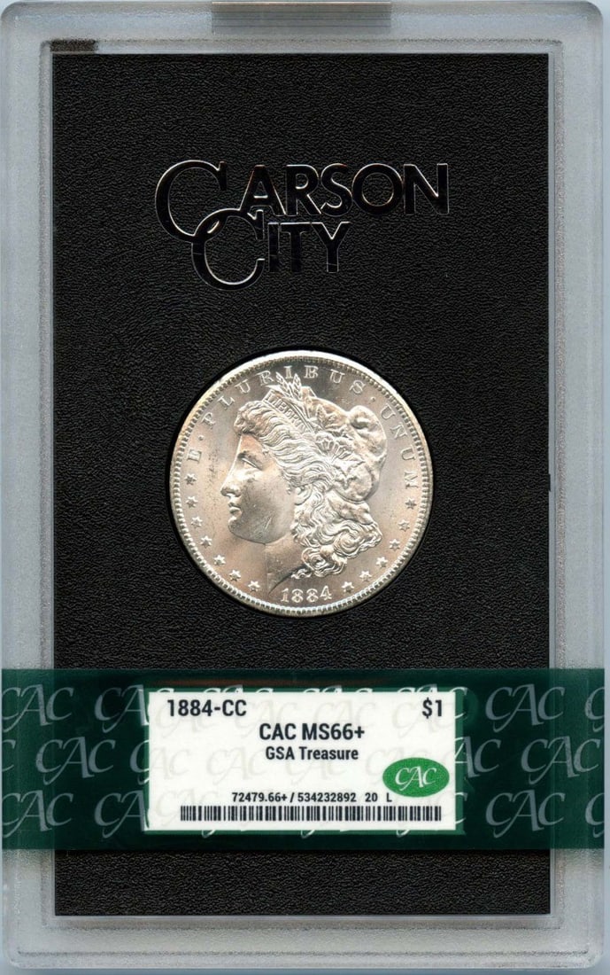 GSA Hoard 1884-CC Morgan Silver Dollar CACG MS66 Plus CAC Certified: GSA Hoard 1884-CC Morgan Silver Dollar CACG MS66 Plus CAC Certified This 1884-CC Morgan Dollar is an uncirculated coin from the GSA Hoard, certified by CACG with a high grade of MS66+. It originates f