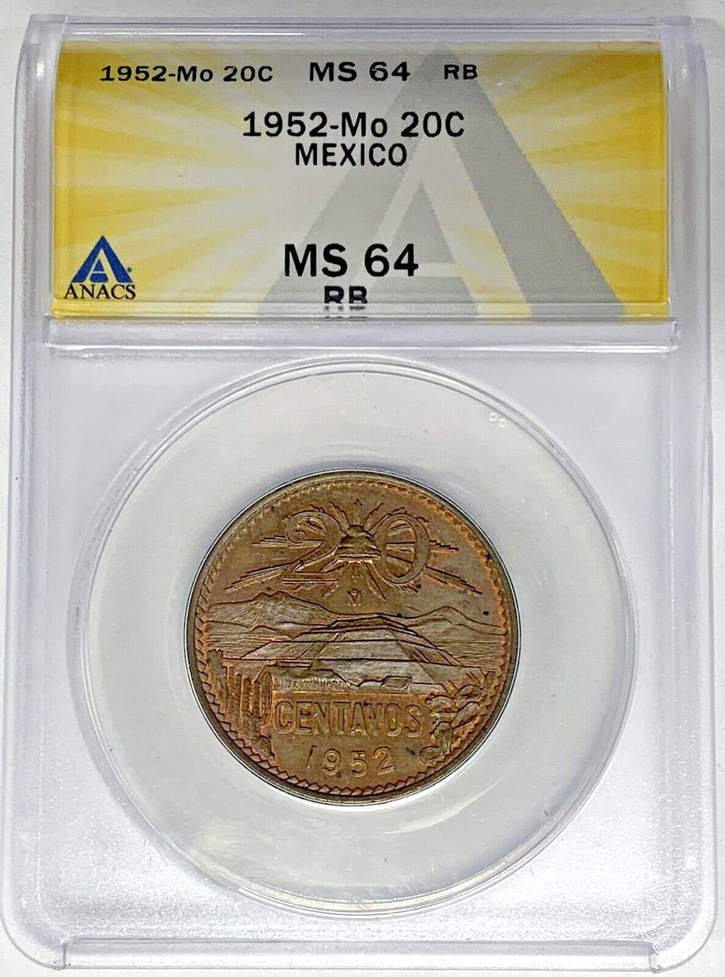 1952 Mexico 20 Centavos Copper Coin ANACS MS 64 RB Certified (1 of 2)