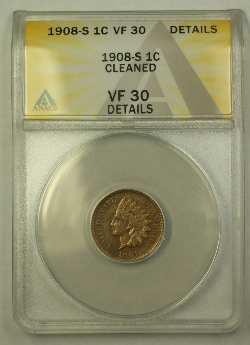 ANACS Certified 1908-S Indian Head Bronze Small Cent VF-30 Details Cleaned (1 of 2)