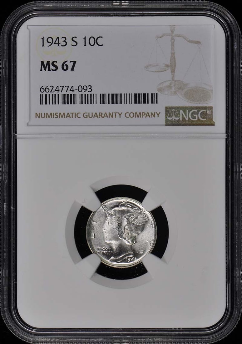 1943-S Mercury Dime 10C NGC MS67 Uncirculated Coin: 1943-S Mercury Dime 10C NGC MS67 Uncirculated Coin This stunning 1943-S Mercury Dime, graded MS67 by NGC, is an uncirculated coin from the San Francisco mint. Recognized for its exceptional quality, t