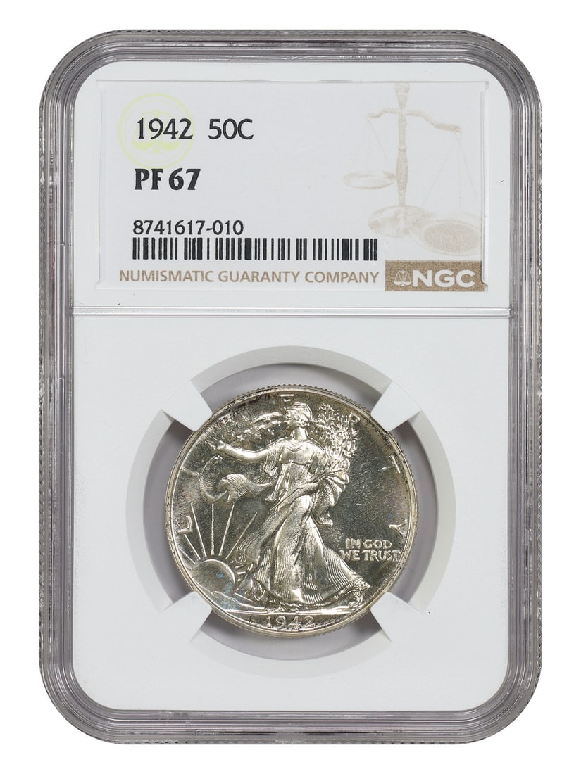 1942 Proof Walking Liberty Half Dollar NGC PR67 Philadelphia: 1942 Proof Walking Liberty Half Dollar NGC PR67 Philadelphia This 1942 Walking Liberty Half Dollar is an uncirculated coin graded PR67 by NGC. Struck at the Philadelphia Mint, it features a proof stri