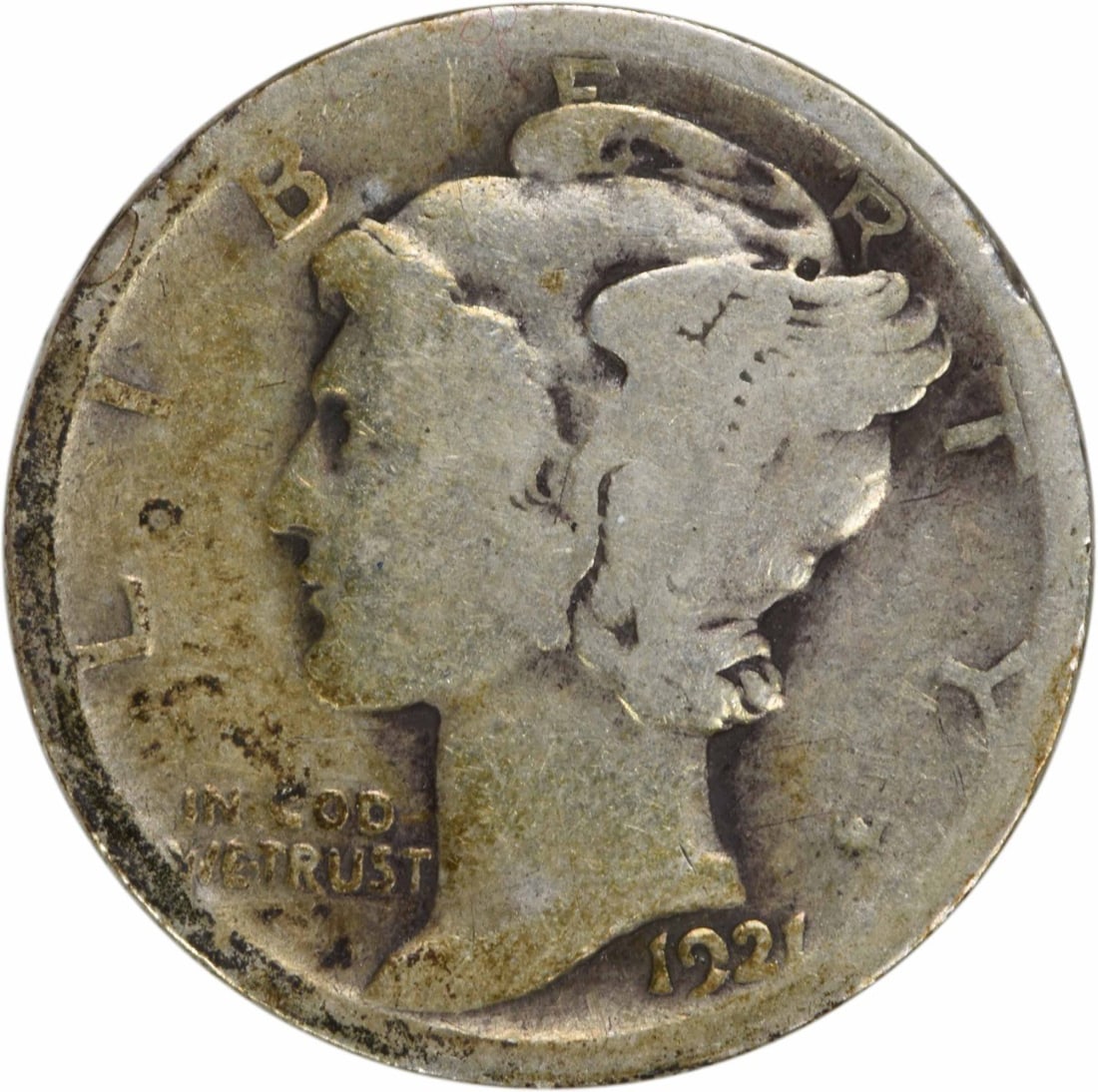 1921 Mercury Dime 10C G Uncertified 90% Silver Coin: 1921 Mercury Dime 10C G Uncertified 90% Silver Coin This 1921 Mercury Silver Dime is a notable piece of American coinage, featuring a design by the renowned Adolph Alexander Weinman. Struck at the Phi