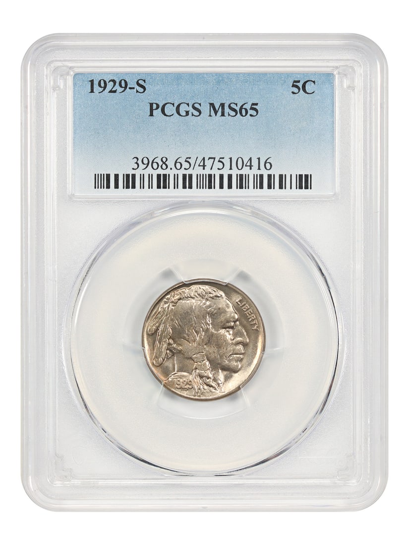 PCGS MS65 1929 San Francisco Buffalo Nickel Five Cent Coin: PCGS MS65 1929 San Francisco Buffalo Nickel Five Cent Coin This is a 1929-S Buffalo Nickel graded MS65 by PCGS. The coin is uncirculated and was minted in San Francisco. It belongs to the Buffalo Nick