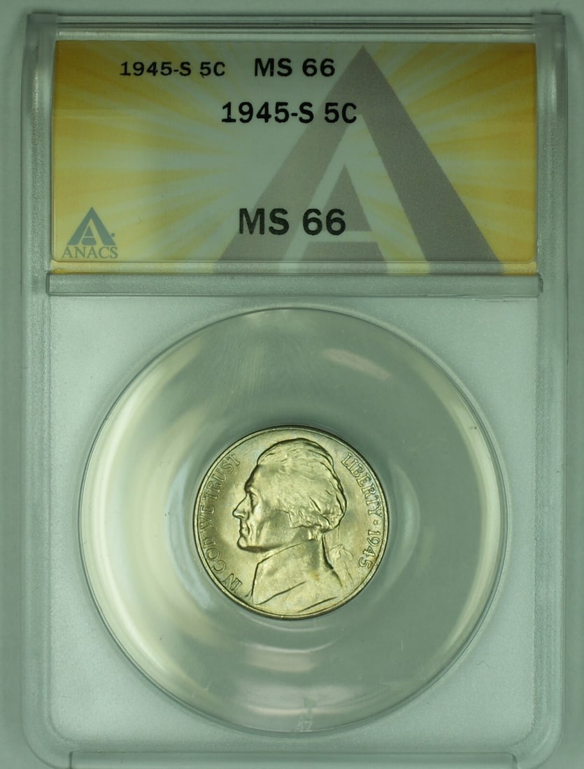 1945-S Jefferson 5C Silver Nickel ANACS MS66 Certified Coin: 1945-S Jefferson 5C Silver Nickel ANACS MS66 Certified Coin This is a 1945-S Jefferson Silver Nickel with a denomination of 5 cents. The coin is uncirculated and has been graded MS 66 by ANACS. It is 