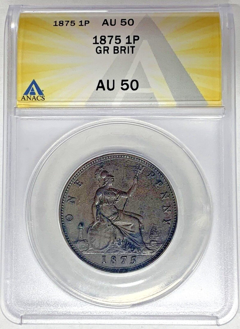 ANACS AU 50 Certified 1875 United Kingdom One Penny: ANACS AU 50 Certified 1875 United Kingdom One Penny This is an 1875 Great Britain One Penny coin that has been certified by ANACS with a grade of AU 50. The coin is pre-owned and originates from the U