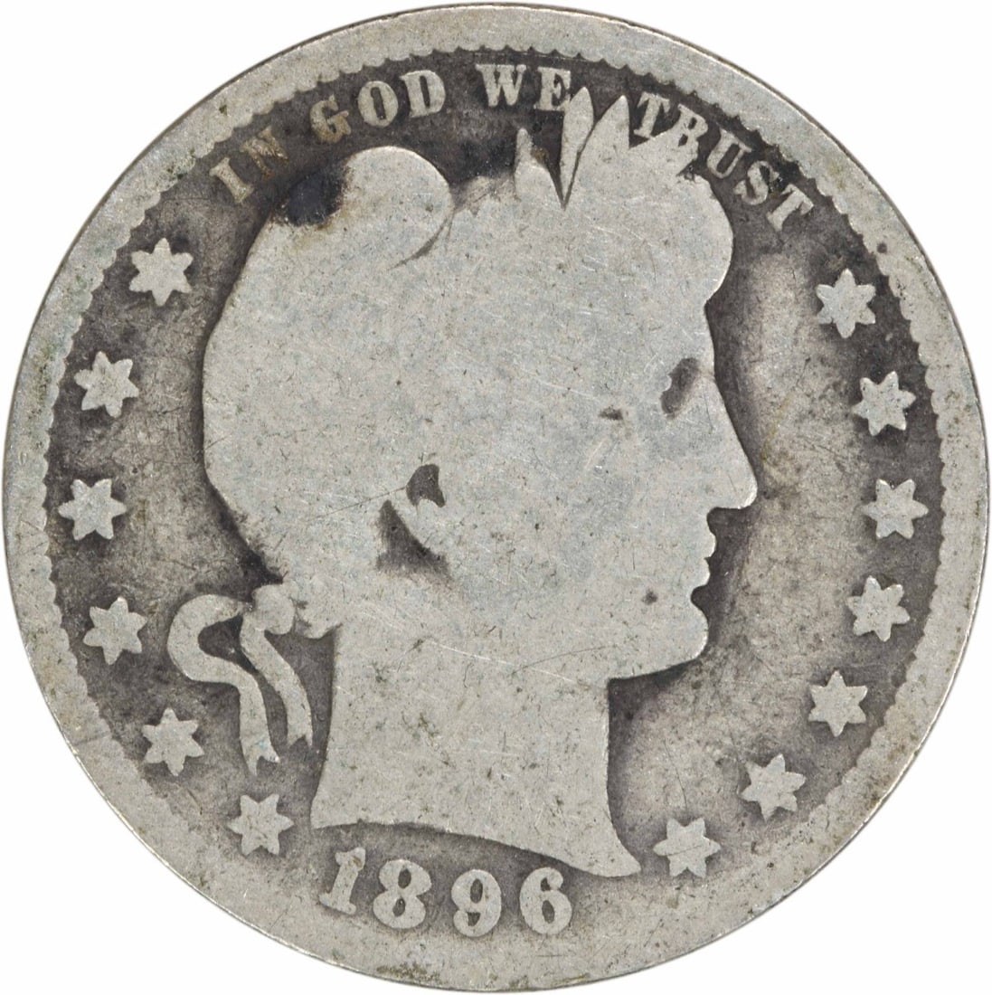 1896-O Barber Quarter 25C G Uncertified Silver Coin: 1896-O Barber Quarter 25C G Uncertified Silver Coin This 1896-O Barber Silver Quarter is a noteworthy collectible piece from the United States, featuring the iconic design by Charles E. Barber. Struck