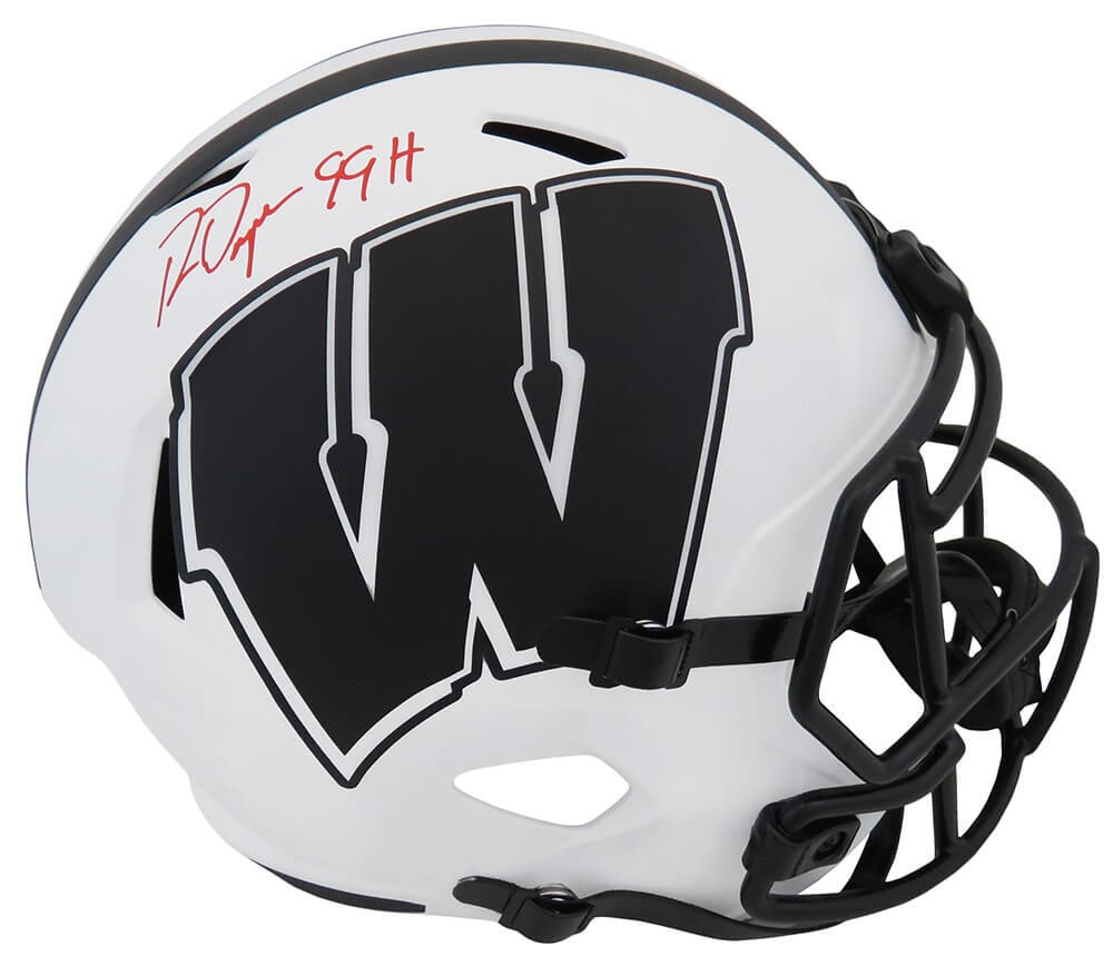 Ron Dayne Signed Wisconsin Badgers Lunar Eclipse Helmet with 99H Inscription: Ron Dayne Signed Wisconsin Badgers Lunar Eclipse Helmet with 99H Inscription This is a signed full-size replica helmet of Ron Dayne from his time with the Wisconsin Badgers. The helmet features a stri