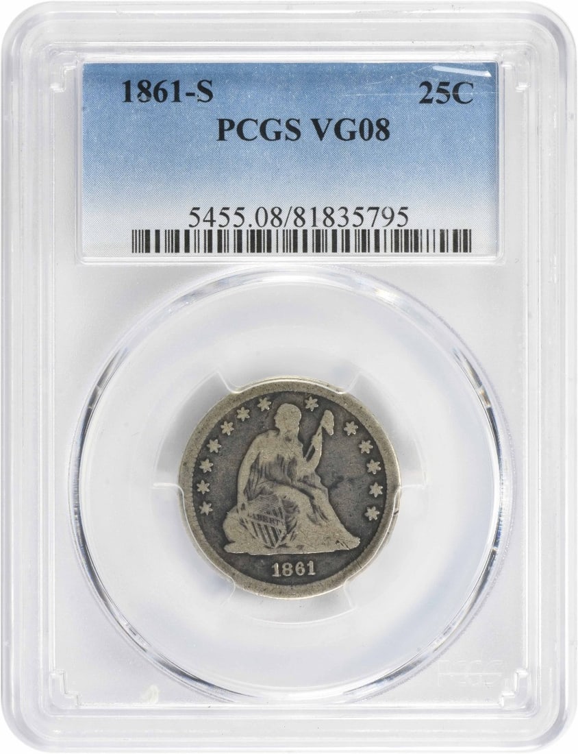 1861-S Liberty Seated Quarter 25C PCGS VG08 San Francisco Mint: 1861-S Liberty Seated Quarter 25C PCGS VG08 San Francisco Mint This 1861-S Liberty Seated Quarter is a remarkable piece of numismatic history, certified by PCGS with a grade of VG08. Struck at the San