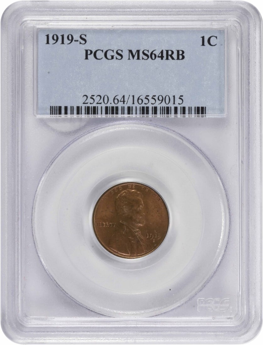 1919-S Lincoln Wheat Cent MS64RB PCGS Uncirculated Coin: 1919-S Lincoln Wheat Cent MS64RB PCGS Uncirculated Coin This 1919-S Lincoln Cent is graded MS64RB by PCGS, ensuring its high quality and uncirculated condition. Minted in San Francisco, it features th
