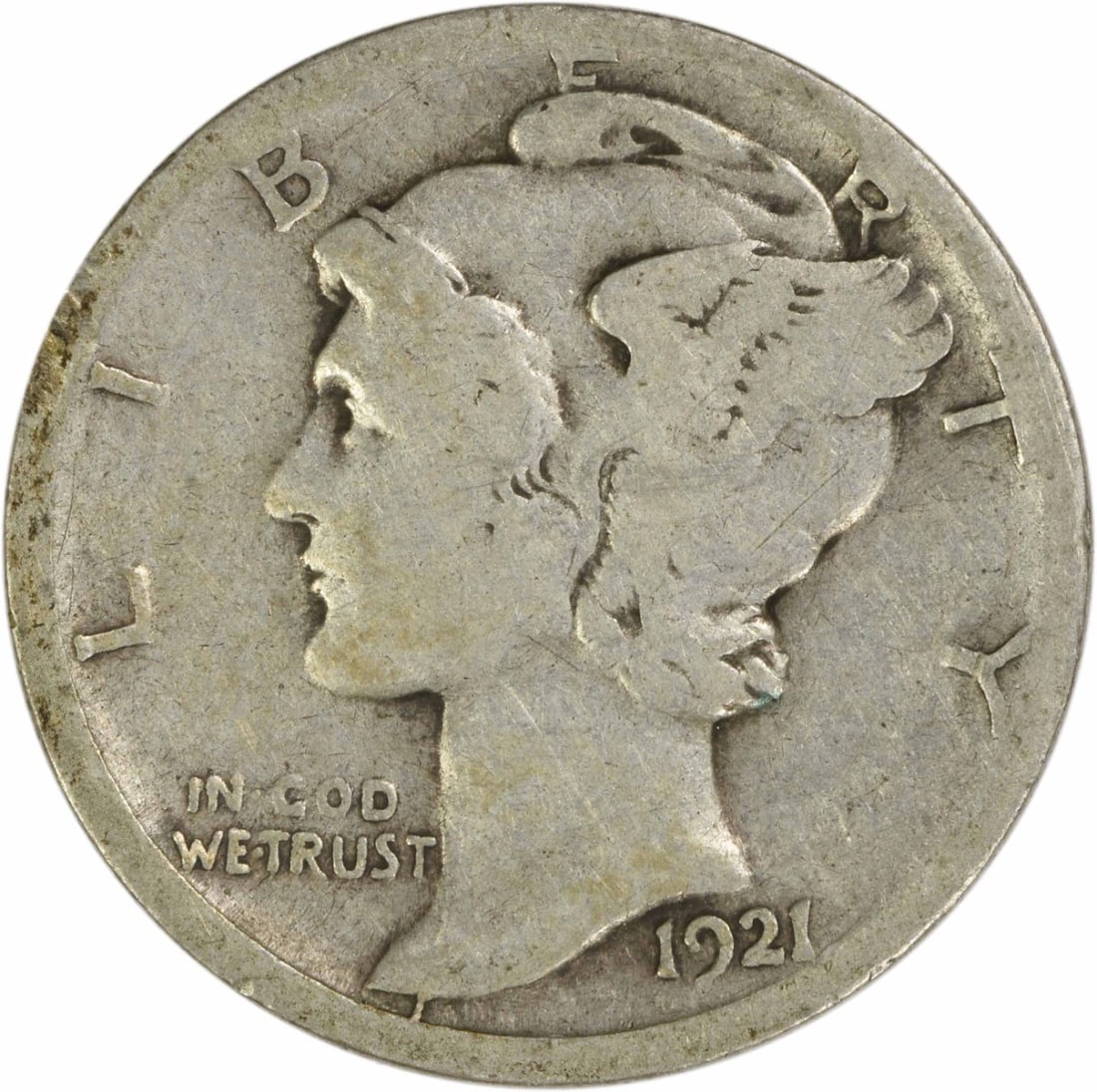 1921 Denver Mint Mercury Dime 90 Percent Silver Good Grade Uncertified: 1921 Denver Mint Mercury Dime 90 Percent Silver Good Grade Uncertified This is a 1921-D Mercury Silver Dime from the Denver Mint, designed by Adolph Alexander Weinman. The coin is composed of 90% silv