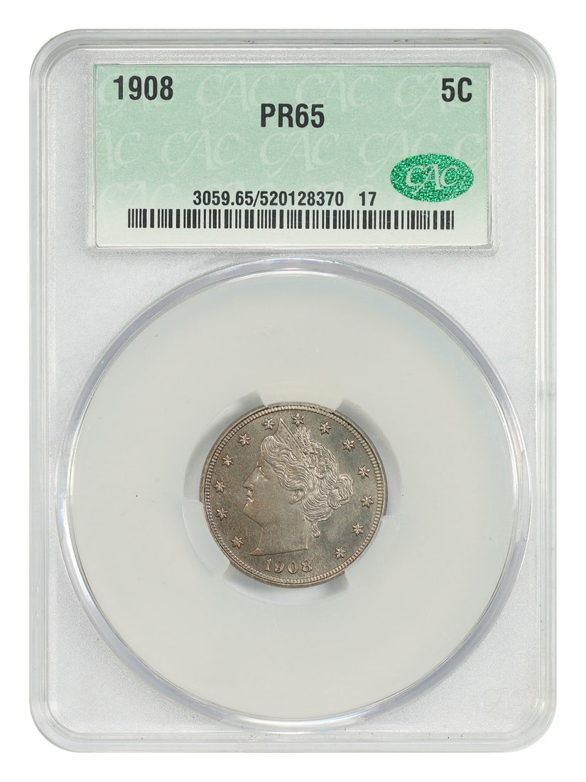 1908 Liberty Nickel Proof 5C CACG Certified PR65 Philadelphia: 1908 Liberty Nickel Proof 5C CACG Certified PR65 Philadelphia This 1908 Liberty Nickel is a proof coin graded PR65 by CACG. Struck at the Philadelphia Mint, it is uncirculated and features a mintage o