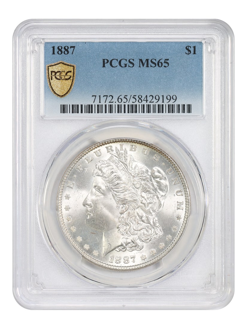 PCGS MS65 1887 Morgan Silver Dollar Philadelphia Mint: PCGS MS65 1887 Morgan Silver Dollar Philadelphia Mint This is an 1887 Morgan Dollar graded MS65 by PCGS. The coin is uncirculated and was minted in Philadelphia. It is part of the Morgan Dollar series