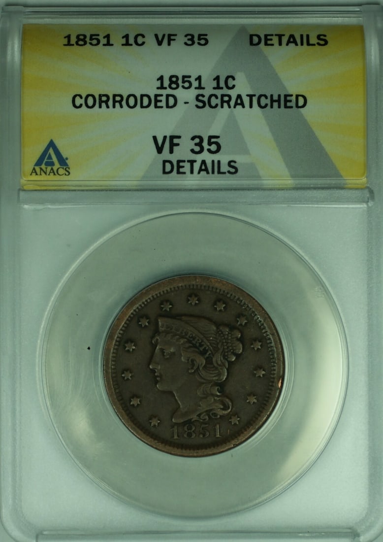 1851 Braided Hair Large Cent ANACS VF-35 Corroded and Scratched Details (1 of 2)