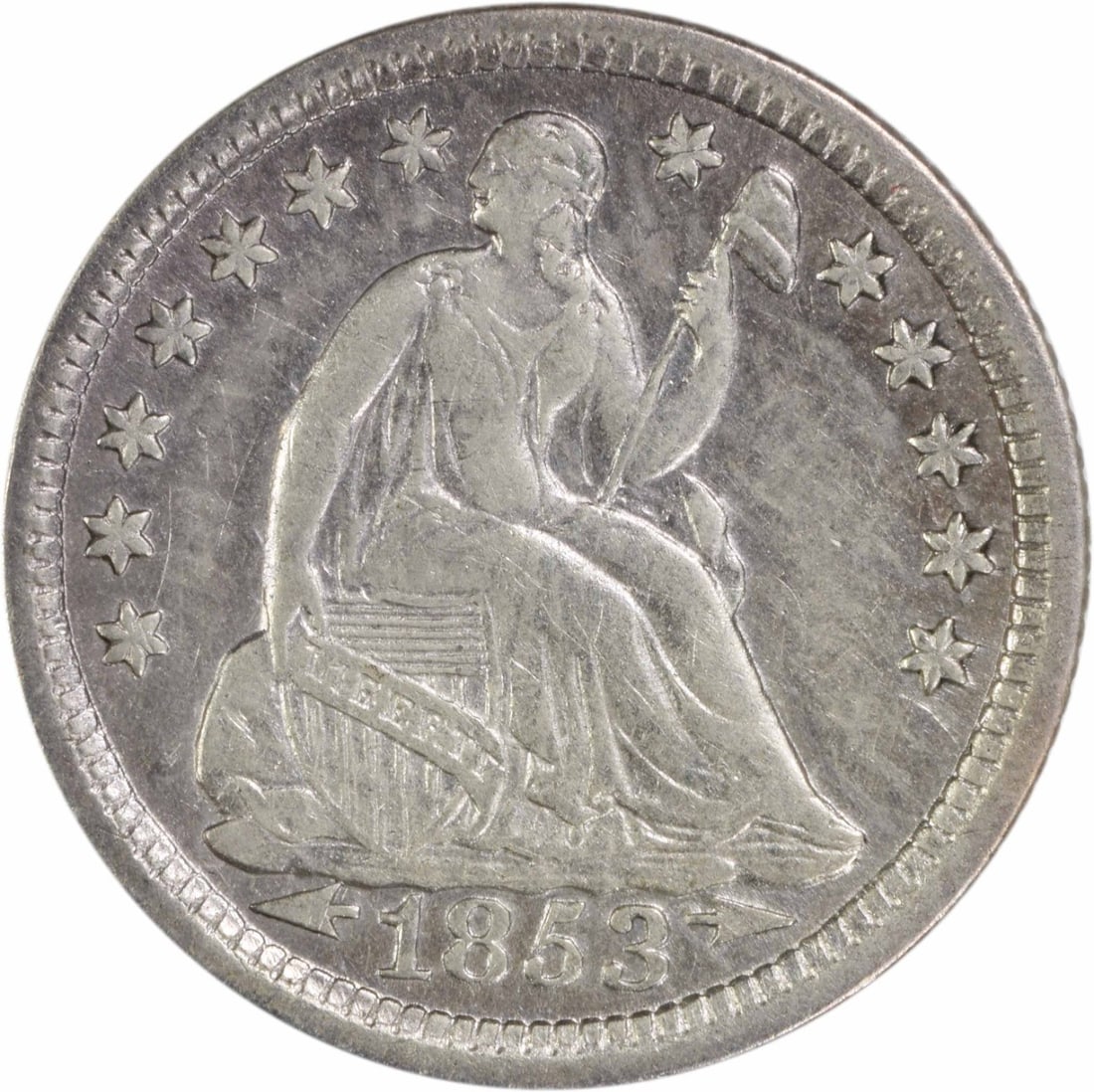 1853 Liberty Seated Half Dime 90% Silver Uncertified EF: 1853 Liberty Seated Half Dime 90% Silver Uncertified EF This 1853 Liberty Seated Silver Half Dime is a remarkable piece of American numismatic history. Crafted in Philadelphia, this coin features the 