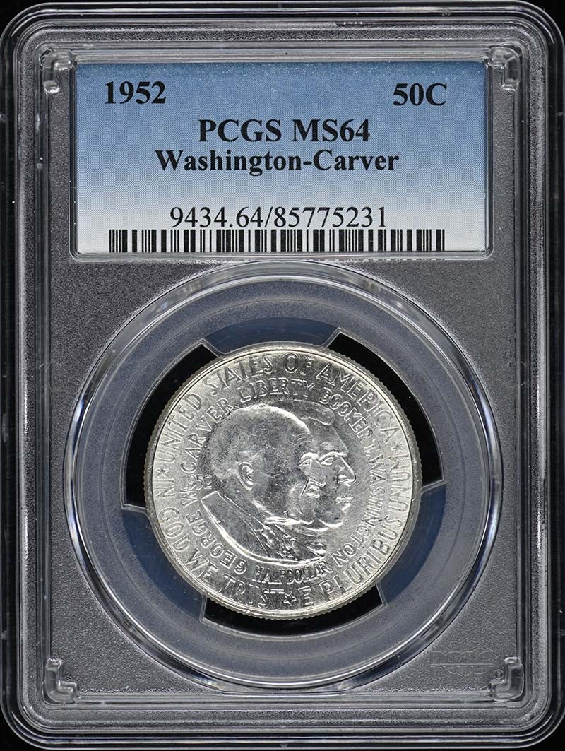 1952 Silver Washington Carver Half Dollar PCGS MS64 Philadelphia: 1952 Silver Washington Carver Half Dollar PCGS MS64 Philadelphia This is a 1952 Washington-Carver 50-cent silver commemorative coin, graded MS64 by PCGS. Struck at the Philadelphia Mint, it is compose