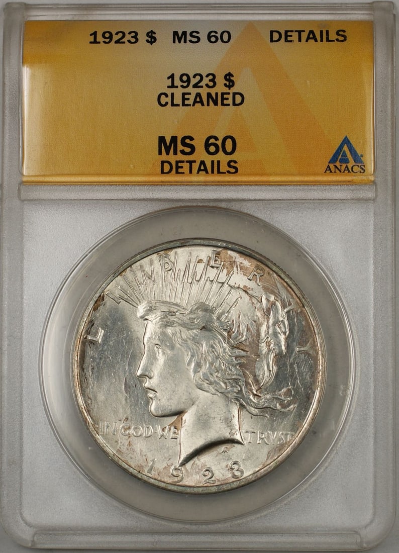 ANACS MS-60 Details Cleaned 1923 Peace Silver Dollar from Philadelphia: ANACS MS-60 Details Cleaned 1923 Peace Silver Dollar from Philadelphia This 1923 Peace Silver Dollar coin, certified by ANACS, is graded MS-60 with details indicating it has been cleaned. Struck at th