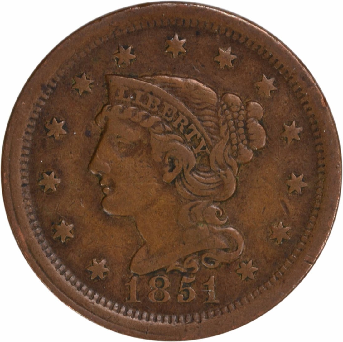 1851 Braided Hair Large Cent EF Uncertified Philadelphia Mint: 1851 Braided Hair Large Cent EF Uncertified Philadelphia Mint This 1851 Large Cent is an excellent find for collectors, featuring the iconic Braided Hair design by Christian Gobrecht. Struck in Philad