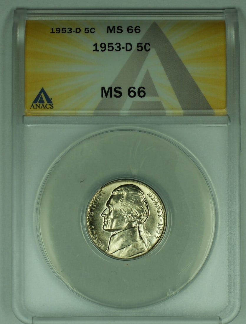 ANACS MS 66 1953-D Jefferson 5 Cent Nickel United States Coin (1 of 2)