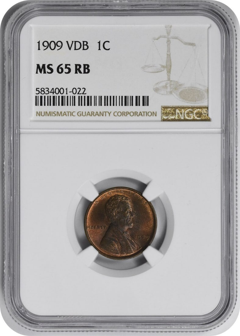 NGC MS65RB 1909 Lincoln Wheat Cent VDB Philadelphia Mint: NGC MS65RB 1909 Lincoln Wheat Cent VDB Philadelphia Mint This 1909 VDB Lincoln Wheat Cent is certified MS65RB by NGC. Struck in Philadelphia, it is composed of 95% copper and 5% tin and zinc. Designed