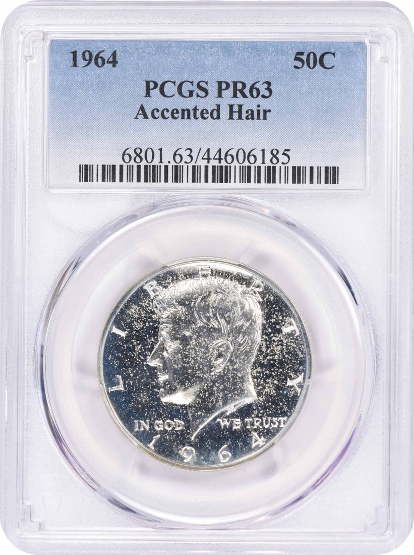 PCGS PR63 1964 Accented Hair Kennedy Half Dollar Proof 90% Silver: PCGS PR63 1964 Accented Hair Kennedy Half Dollar Proof 90% Silver This 1964 Kennedy Half Dollar features the Accented Hair variety and is certified PR63 by PCGS. Struck in proof quality at the Philade