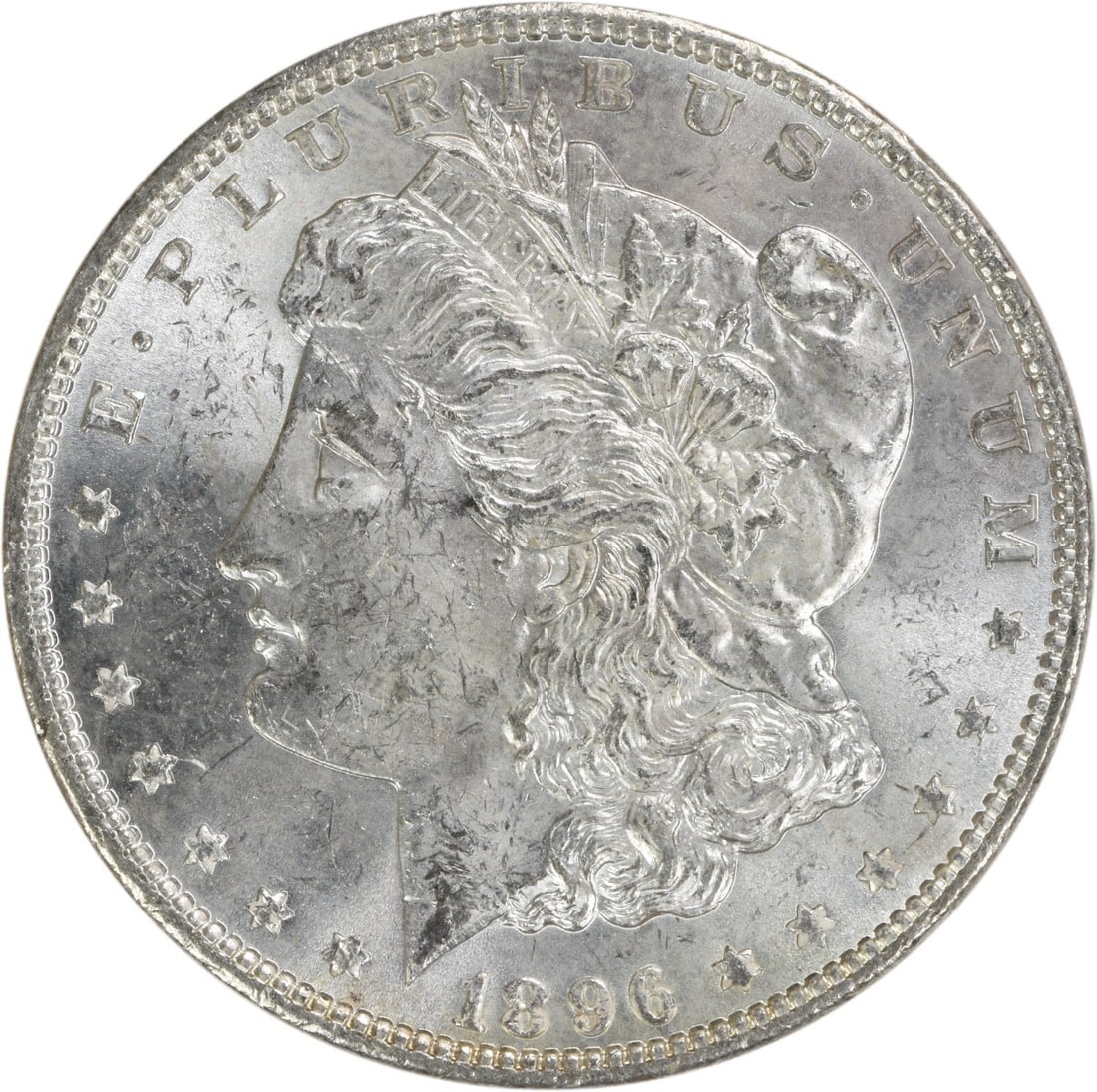 Uncirculated 1896 Morgan Silver Dollar BU Grade Uncertified US Coin: Uncirculated 1896 Morgan Silver Dollar BU Grade Uncertified US Coin This 1896 Morgan Silver Dollar is a brilliant uncirculated coin from the United States with no mint mark. It is composed of silver a