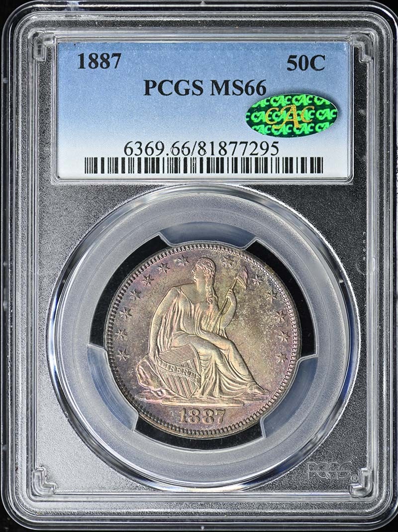 PCGS MS66 CAC 1887 Liberty Seated Half Dollar 50C Philadelphia: PCGS MS66 CAC 1887 Liberty Seated Half Dollar 50C Philadelphia This 1887 Liberty Seated Half Dollar is certified by PCGS with a grade of MS66 and features a CAC approval. The coin is uncirculated and 