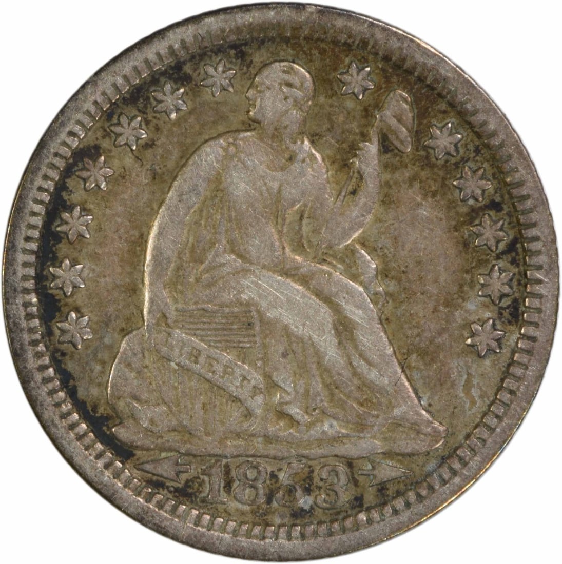 1853 Liberty Seated Half Dime Uncertified 90% Silver: 1853 Liberty Seated Half Dime Uncertified 90% Silver This 1853 Liberty Seated Silver Half Dime is a remarkable piece from the United States, minted in Philadelphia. It has been circulated and graded a