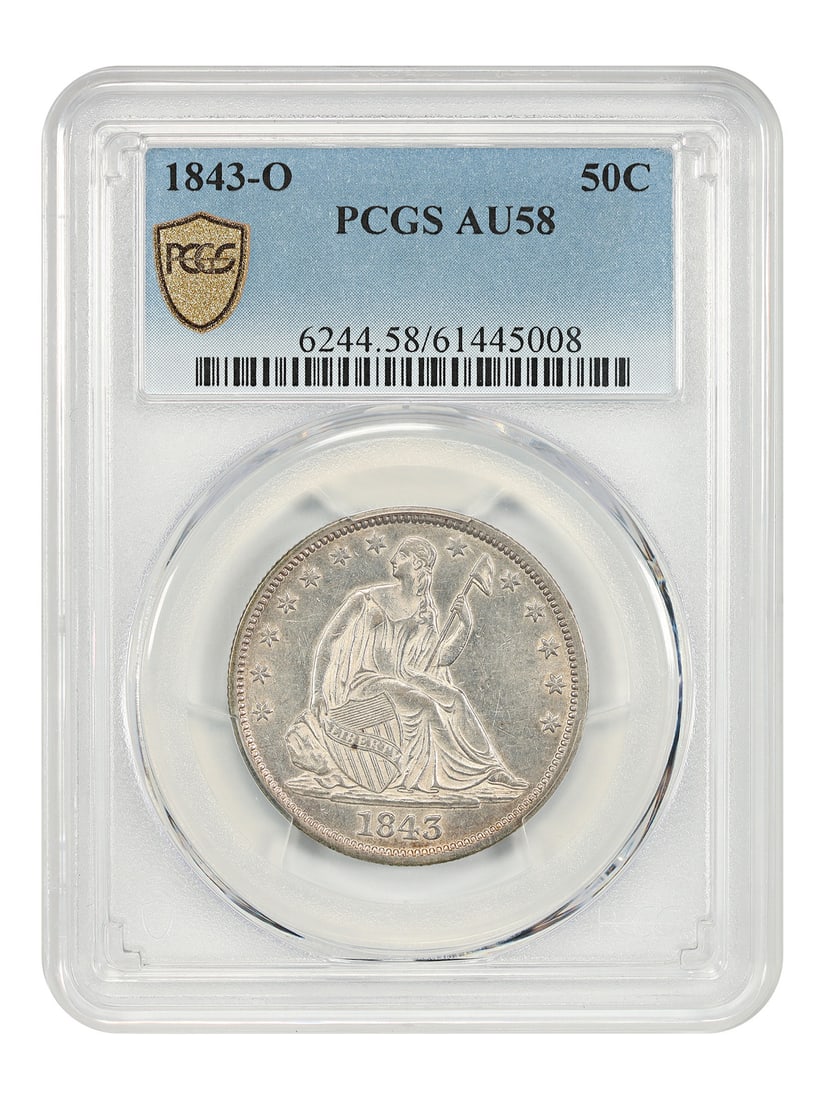 PCGS AU58 1843-O Liberty Seated Half Dollar New Orleans Mint: PCGS AU58 1843-O Liberty Seated Half Dollar New Orleans Mint This 1843-O Liberty Seated Half Dollar is certified by PCGS with a grade of AU58. Struck in New Orleans, it features attractive orange tone