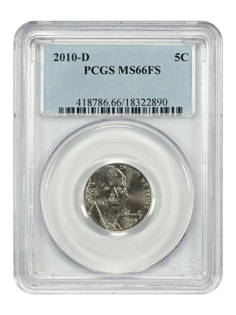 PCGS MS66FS 2010-D Jefferson Nickel Five Cent Coin: PCGS MS66FS 2010-D Jefferson Nickel Five Cent Coin This is a 2010-D Jefferson Nickel graded MS66FS by PCGS. The coin is un-used and features a full steps designation, indicating a strong strike. It wa