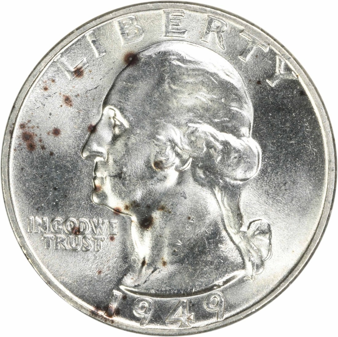 Uncirculated 1949 Silver 25C Washington Quarter Choice BU Plus: Uncirculated 1949 Silver 25C Washington Quarter Choice BU Plus This is a 1949 Washington Silver Quarter from the United States, featuring a Choice Brilliant Uncirculated (BU+) grade. The coin is uncer