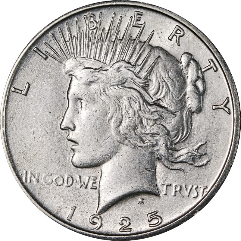 1925 San Francisco Silver Peace Dollar United States Coin: 1925 San Francisco Silver Peace Dollar United States Coin This is a 1925-S Peace Dollar from the United States, minted in San Francisco. The coin is composed of silver with a fineness of 0.9 and is in
