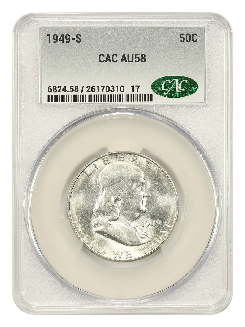 1949 San Francisco Franklin Half Dollar CACG AU58 Key Series Date: 1949 San Francisco Franklin Half Dollar CACG AU58 Key Series Date This 1949-S Franklin Half Dollar is a sought-after key date in the series. Certified by CACG with a grade of AU58, it was struck at th