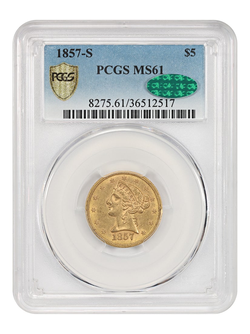San Francisco 1857 Liberty Head Gold Half Eagle PCGS CAC MS61: San Francisco 1857 Liberty Head Gold Half Eagle PCGS CAC MS61 This 1857-S $5 Liberty Head gold coin is certified by PCGS with a CAC endorsement and graded MS61. Minted in San Francisco, this uncircula