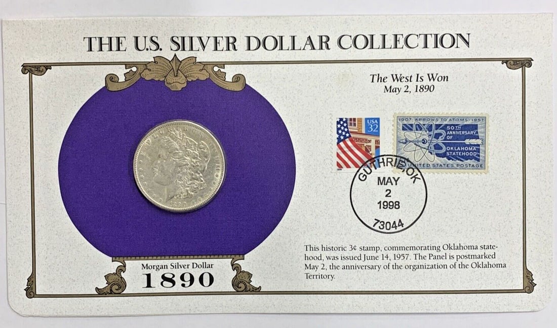 1890 Morgan Silver Dollar with Commemorative Stamp Card: 1890 Morgan Silver Dollar with Commemorative Stamp Card This collection features an 1890 Morgan Silver Dollar $1 coin from the United States, accompanied by a commemorative stamp card. The coin is com