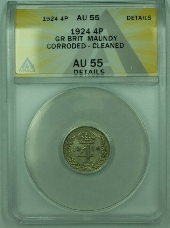ANACS AU-55 Certified 1924 Silver Maundy Four Pence Coin England: ANACS AU-55 Certified 1924 Silver Maundy Four Pence Coin England This is a 1924 Great Britain Maundy 4 pence coin, certified and graded by ANACS as AU-55 with noted cleaning and corrosion. The coin is