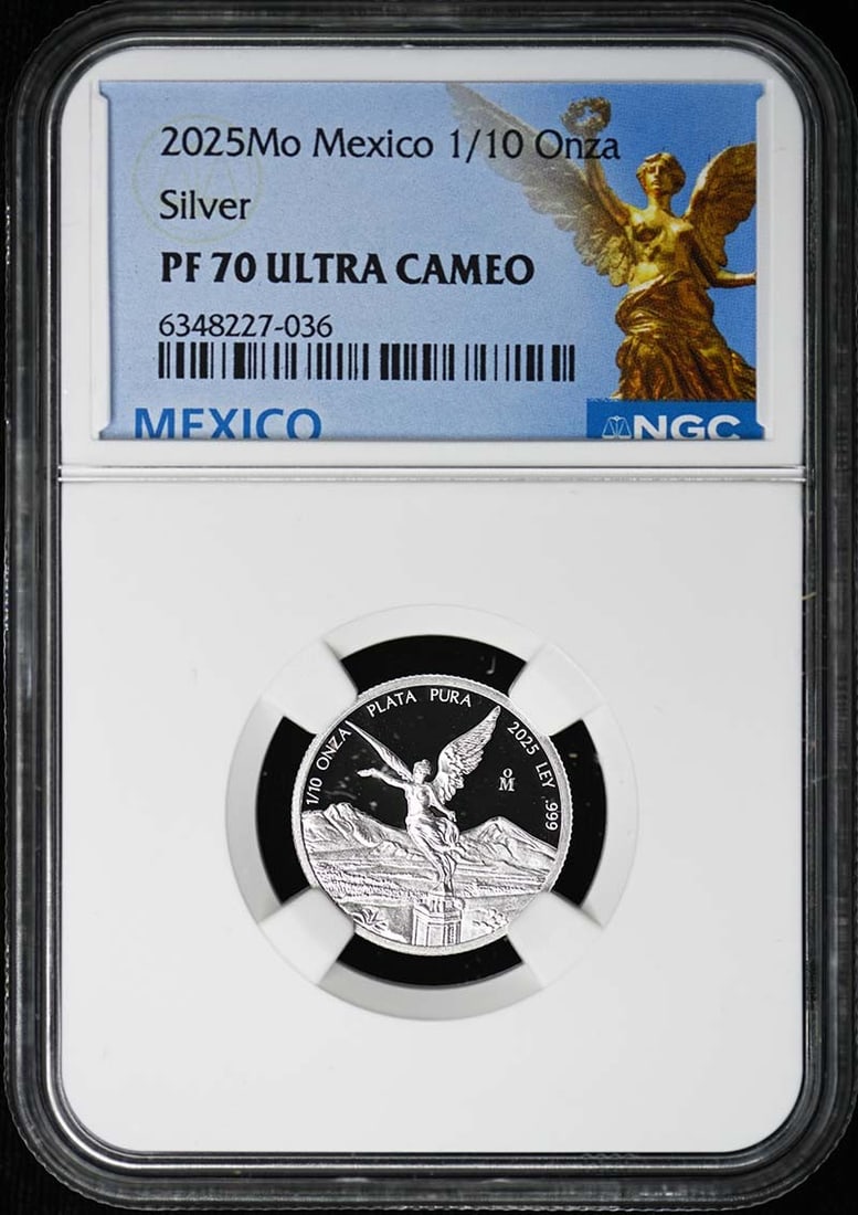 2025 Mexico 1/10 Onza Silver Libertad NGC PR70 Ultra Cameo Low 1500 Mintage: 2025 Mexico 1/10 Onza Silver Libertad NGC PR70 Ultra Cameo Low 1500 Mintage This 2025 Mo Mexico 1/10 Onza Libertad coin is struck in silver and graded by NGC as PF70 Ultra Cameo. With a low mintage of