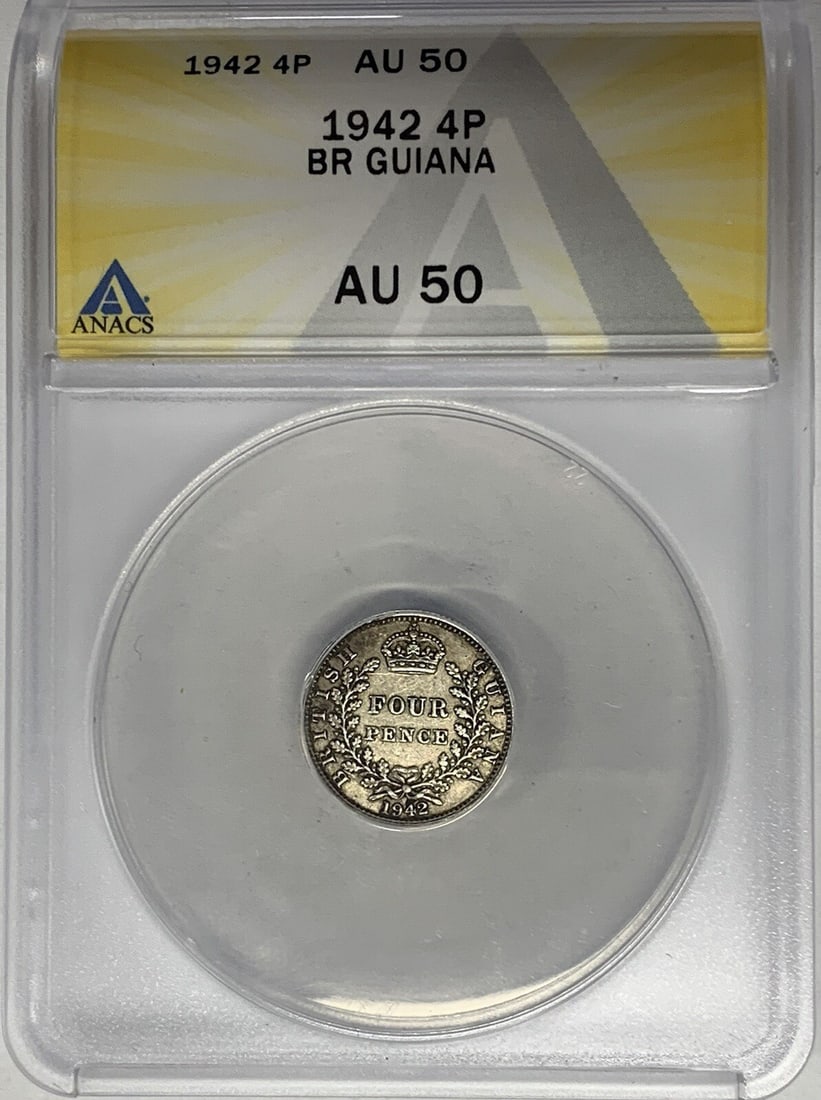 1942 French Guiana 4 Pence Coin ANACS AU 50 Certified (1 of 2)
