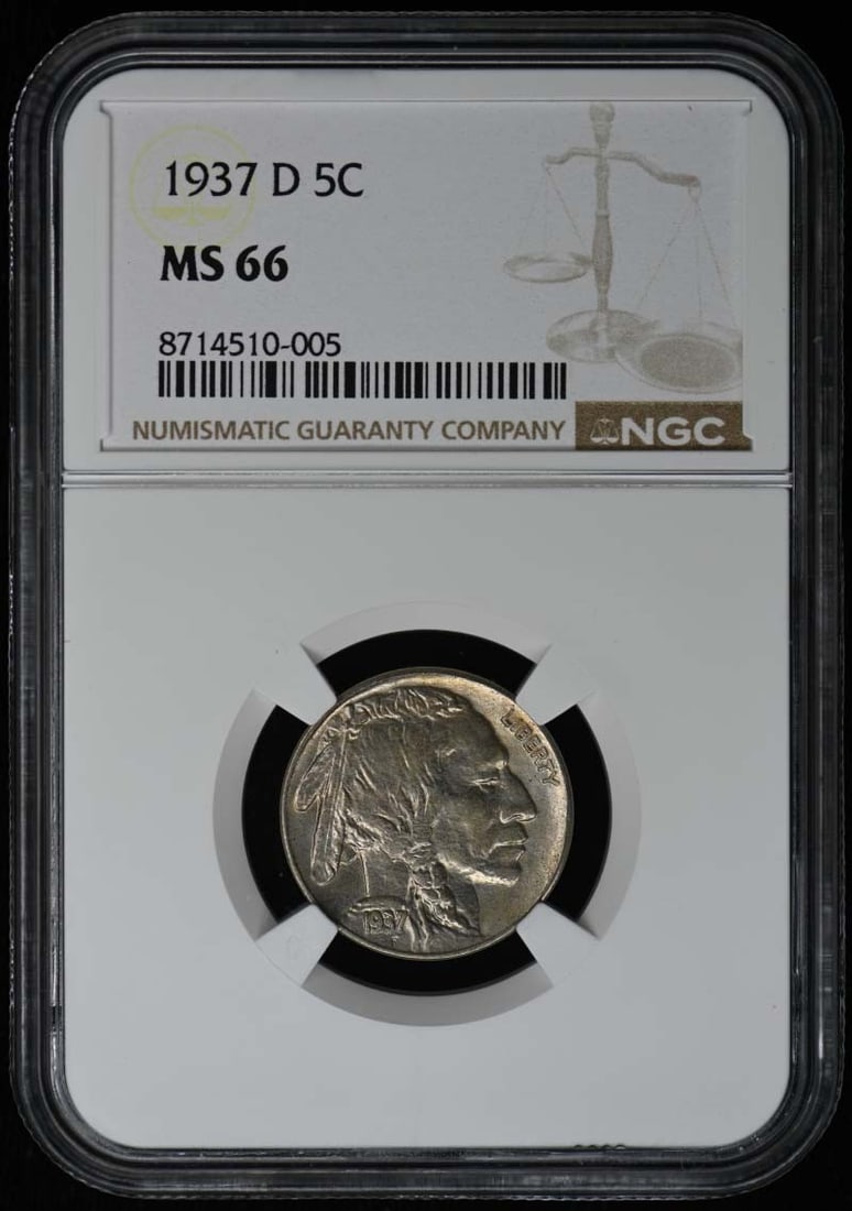 NGC MS66 1937 Denver Mint Buffalo Nickel Five Cent Coin: NGC MS66 1937 Denver Mint Buffalo Nickel Five Cent Coin This 1937-D Buffalo Nickel is certified by NGC with a grade of MS66, indicating it is in uncirculated condition. Minted in Denver, it features t