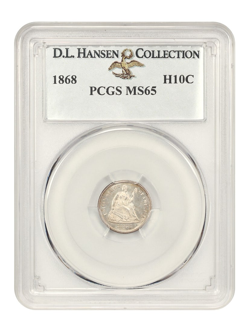 1868 PCGS MS65 Liberty Seated Half Dime D.L. Hansen: 1868 PCGS MS65 Liberty Seated Half Dime D.L. Hansen This 1868 H10C PCGS MS65 Liberty Seated Half Dime showcases exceptional quality with bright luster, offering a moderately prooflike appearance on bo