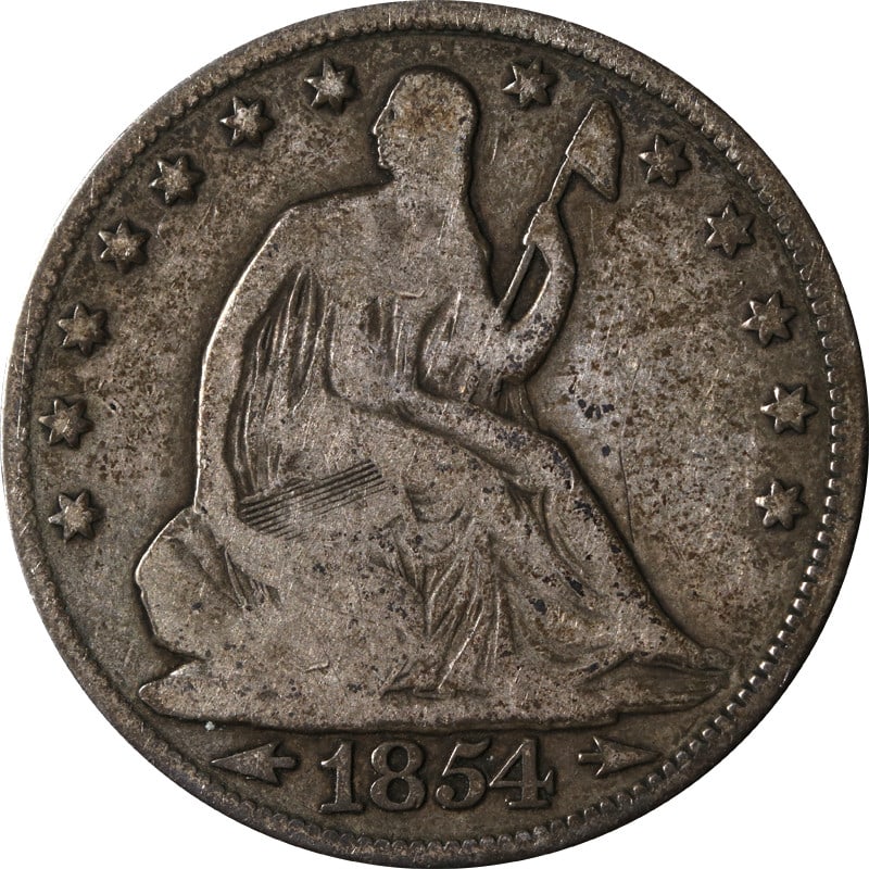 1854 Philadelphia Silver Seated Liberty Half Dollar United States Coin: 1854 Philadelphia Silver Seated Liberty Half Dollar United States Coin This is an 1854-P Seated Half Dollar from the United States. The coin is composed of silver with a fineness of 0.9 and was produc