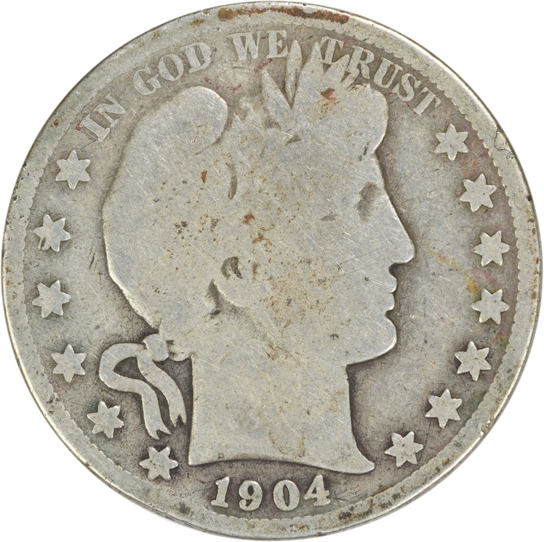 1904 San Francisco Barber Half Dollar 90 Percent Silver Uncertified Coin: 1904 San Francisco Barber Half Dollar 90 Percent Silver Uncertified Coin This 1904-S Barber Half Dollar is a circulated coin from the United States, minted in San Francisco. Designed by Charles E. Bar