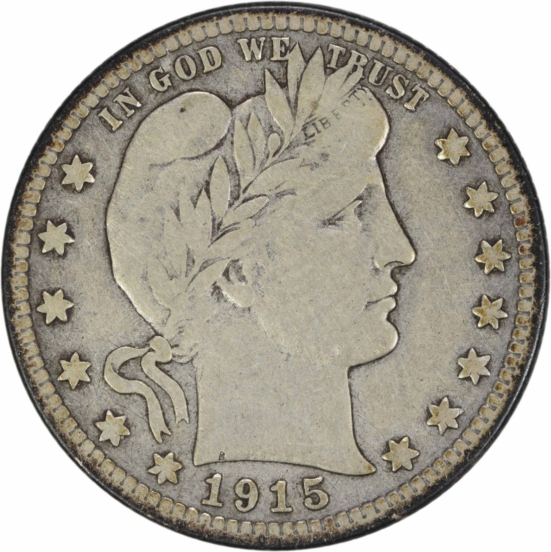 1915-S Barber Quarter 25C Circulated Silver Coin Uncertified: 1915-S Barber Quarter 25C Circulated Silver Coin Uncertified This 1915-S Barber Silver Quarter is a remarkable piece of American numismatic history. Struck in San Francisco, this coin features the des