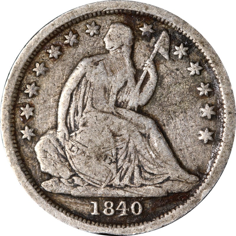 1840 New Orleans Mint Seated Liberty Silver Dime United States: 1840 New Orleans Mint Seated Liberty Silver Dime United States This is an 1840-O Seated Liberty Dime, minted in New Orleans. The coin is circulated and made of silver with a fineness of 0.9. It is a p