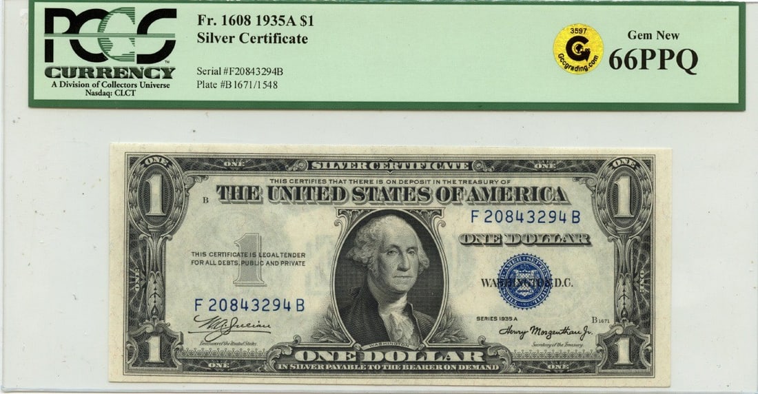 1935A $1 Silver Certificate FR#1608 PCGS Gem 66 PPQ Certified: 1935A $1 Silver Certificate FR#1608 PCGS Gem 66 PPQ Certified This 1935A $1 Silver Certificate is graded as MS66 by PCGS, reflecting its Gem quality with exceptional eye appeal. As an uncirculated pie