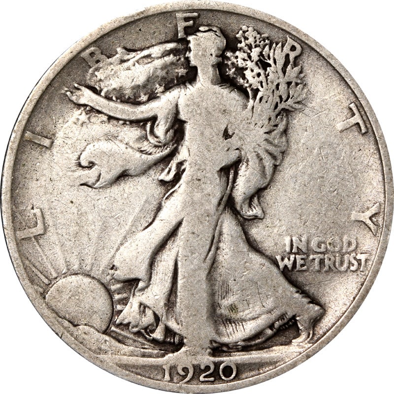1920 Denver Mint Silver Walking Liberty Half Dollar Coin: 1920 Denver Mint Silver Walking Liberty Half Dollar Coin This is a 1920-D Walking Liberty Half Dollar coin from the United States. The coin is circulated and made of silver with a fineness of 0.9. It 