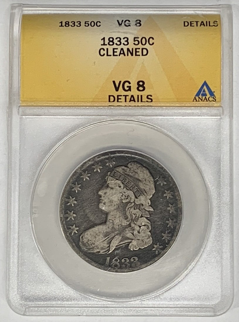 ANACS Certified 1833 50C Bust Half Dollar VG 8 Details Cleaned (1 of 2)