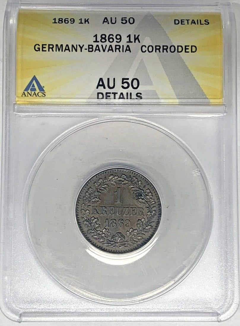 ANACS AU 50 Graded 1869 German States 1 Kreuzer Corroded Coin (1 of 2)