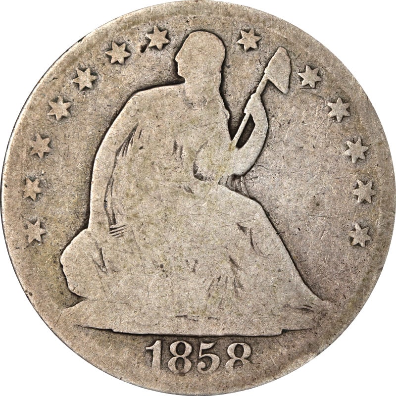 1858 New Orleans Mint Silver Half Dollar Seated Liberty Coin: 1858 New Orleans Mint Silver Half Dollar Seated Liberty Coin This is an 1858-O Seated Half Dollar from the United States. The coin is composed of silver with a fineness of 0.9. It was minted in New Or